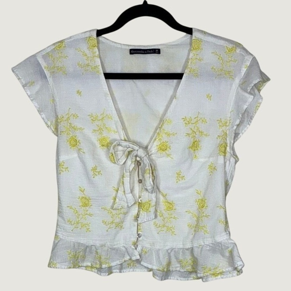 Abercrombie & Fitch Embroidered Yellow Flower Gauzy Tie Front Ruffle Top Medium